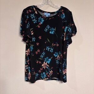 CeCe Women’s Black Floral Blouse with Blue and Orange Accents Short Sleeve SZ 1X